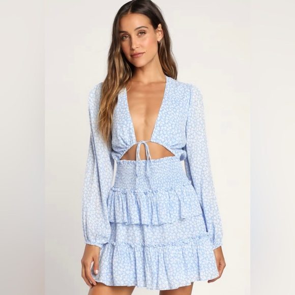 Cheery Cutie Light Blue Floral Print Tie-Front Tiered Mini Dress - Picture 2 of 6